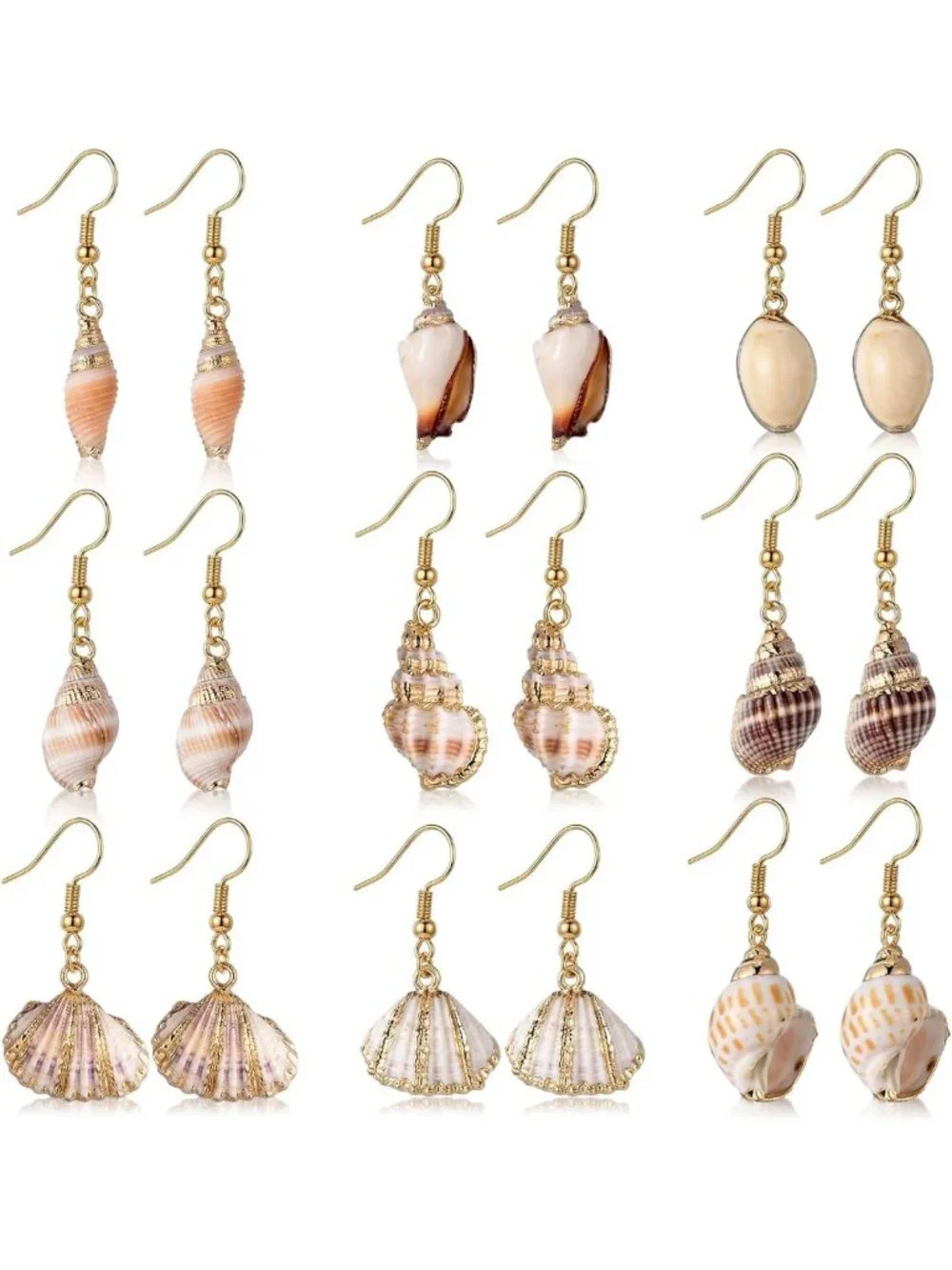 Natural Conch Drop Earrings - 9 Pairs Seashell Jewelry for Women, Boho Chic